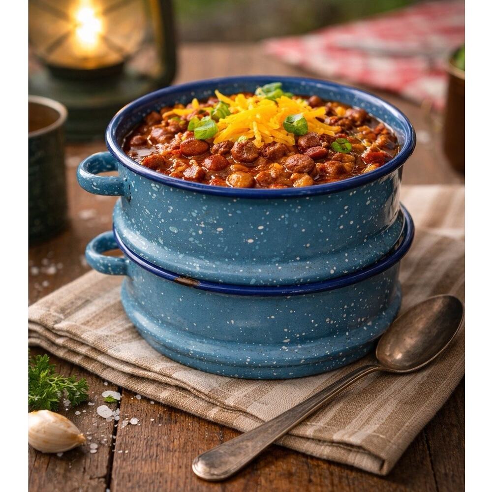 Vintage Blue Speckled Enamelware Bowls Set 2 Camping Cowboy Camp Cookware 7”